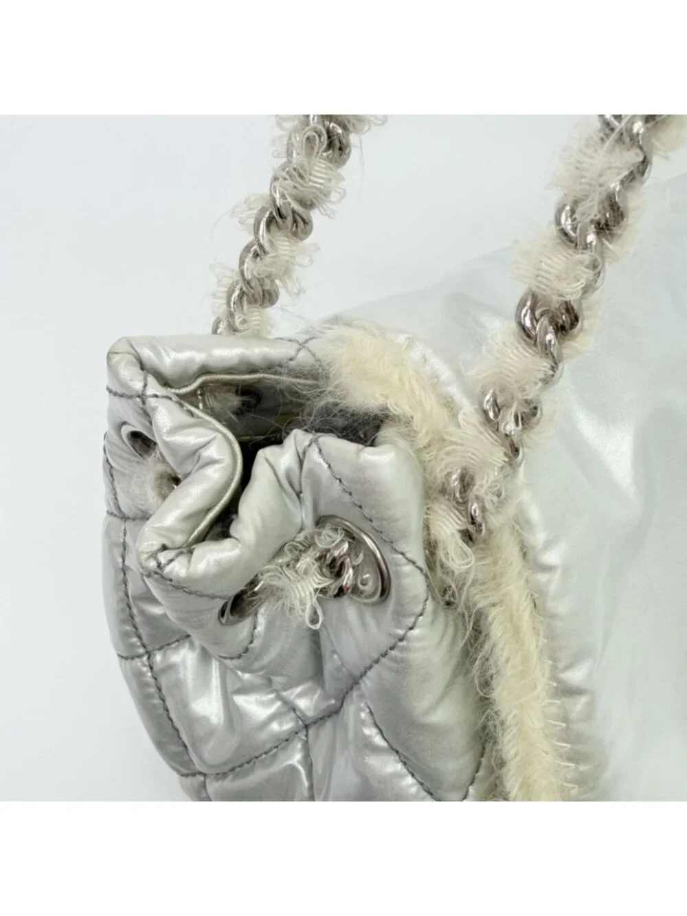 Chanel CC Logo Chain Tote Shoulder Bag Nylon Silver Ivory Seal Vintage